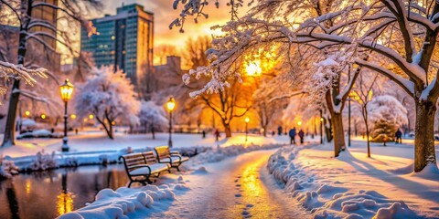Winter in the city park, magical landscape. Benches, trees under the snow.