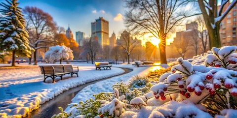 Winter in the city park, magical landscape. Benches, trees under the snow.