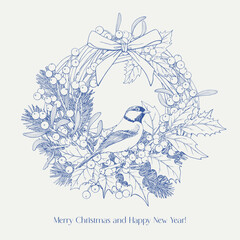Christmas wicker wreath with tit bird, spruce branches holly mistletoe bow berries. Blue beige. Hand drawn elements. Linear Vector vintage illustration for design holidays greeting card new year decor