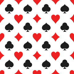 Card suits vector seamless pattern. Red hearts and diamonds, black crosses and spades on white background.