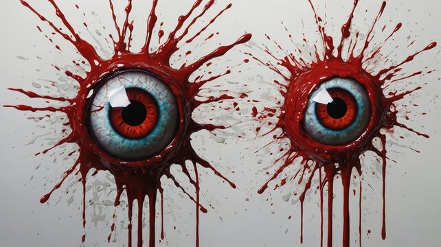 This striking artwork features two large, detailed eyes surrounded by splashes of bright red, creating a dramatic and unsettling effect that captivates the viewer.