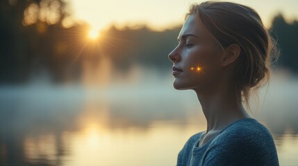 Individual Practicing Mindful Breathing by the Lake