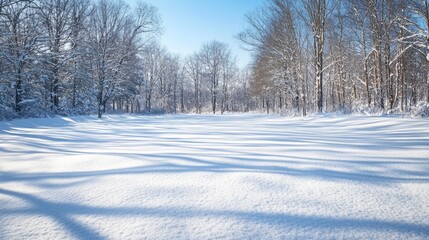 Obraz premium An open field blanketed in fresh snow, with bright sunlight creating bold shadows and showcasing the textures of the winter landscape.