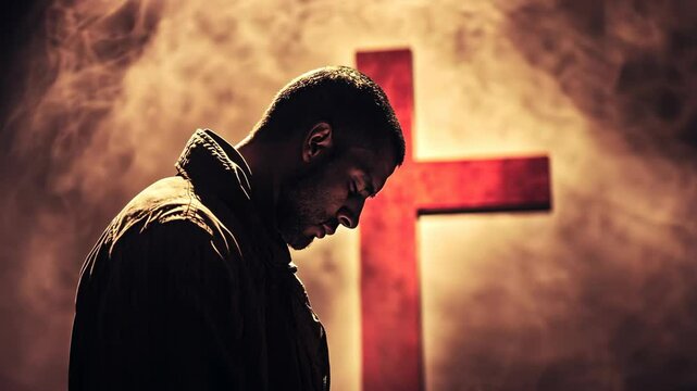 A man stands before a large, red cross, bowing his head in prayer