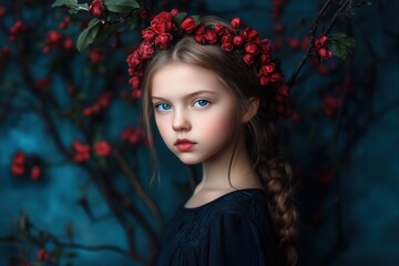 Fototapeta premium A young girl with a floral crown poses gracefully amidst a backdrop of vibrant flowers in an enchanting setting