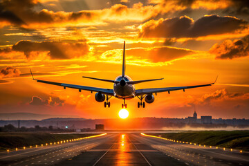 Fototapeta premium A commercial airplane, with a blue and white livery, is landing on a runway at sunset, surrounded by a vibrant orange and purple sky, casting reflections on the runway surface.