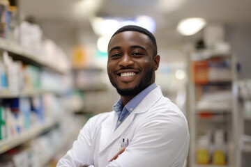 Fototapeta premium Friendly Afro-American Pharmacist in Professional Setting