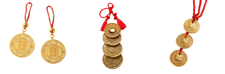 Festive gold coin decorations, Lunar New Year prosperity symbol isolated on a transparent background