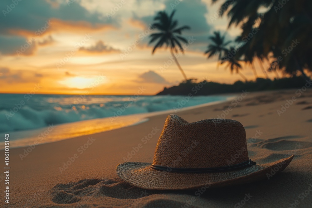 Poster a straw hat is placed on warm sand while waves gently lap at the shore next to a stunning sunset ill
