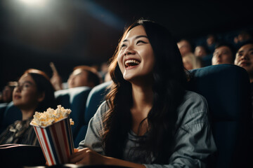 Asian Woman with Popcorn Watching Movie in Theater