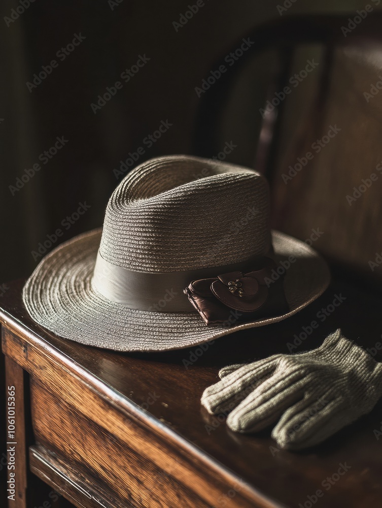 Aufkleber An elegant vintage ladies hat is placed on a rustic wooden table, accompanied by a pair of delicate gloves, creating a nostalgic atmosphere. Generative AI
