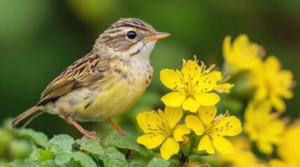 Fototapeta premium A small, brown and yellow bird perches on a stem with bright yellow flowers.