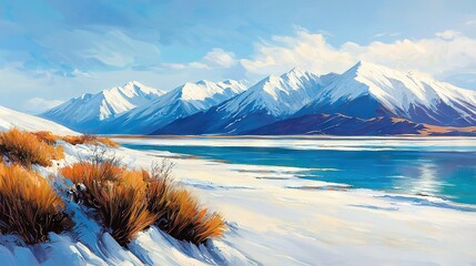 Obraz premium A snowy landscape painting with a distant mountain range and a foreground body of water