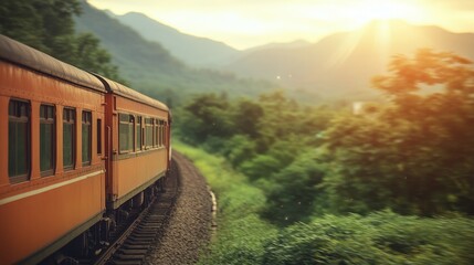 Obraz premium Vintage Train Ride Through Countryside at Sunset
