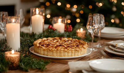 Fototapeta premium A beautifully arranged table featuring a golden pie as the centrepiece, surrounded by elegant dinnerware, evoking warmth and celebration in a cozy setting