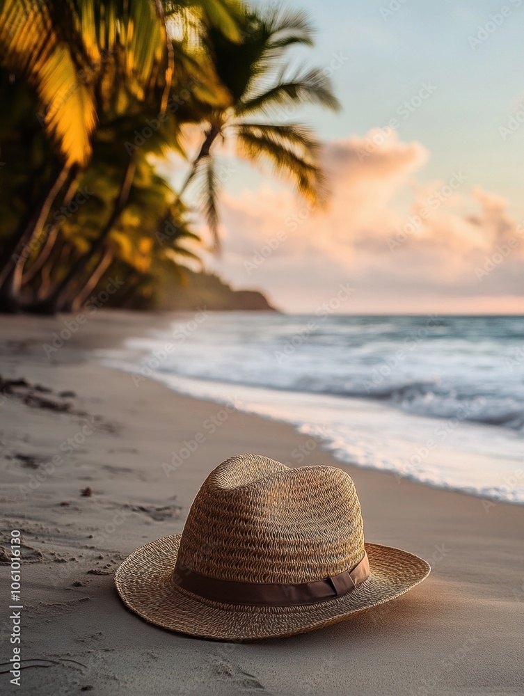 Poster A straw hat is placed on the warm sand of a beach, with waves rolling in and palm trees swaying softly as the sun sets in the background. Generative AI