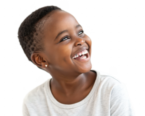 Portrait of a happy young girl with short natural hair, isolated on transparent background