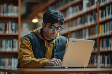 Indian Student Focused on Studies in a Calm Library