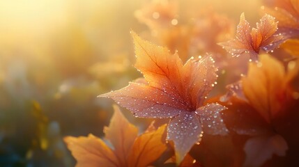 Fototapeta premium Close-up of dew-kissed leaves in early-morning light, surrounded by soft fog that adds an ethereal quality to the autumn colors.
