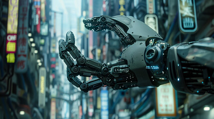 In a cybernetic city, citizens enhance their abilities by merging with machines, striving to transcend human limitations in their quest for technological evolution.