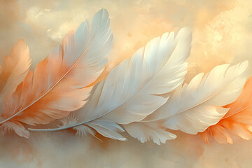 Naklejka premium A serene composition featuring soft, delicate feathers in gentle hues of white and peach against a dreamy background.