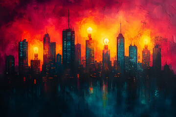 Obraz premium A vibrant city skyline at sunset, illuminated by bright lights against a dramatic, fiery sky filled with shades of red and orange.