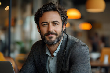 Obraz premium A smiling man with a beard poses confidently in a cozy café setting, dressed in a casual blazer, exuding a warm and approachable demeanor.