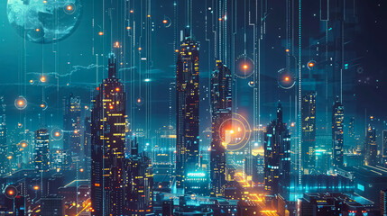 Fototapeta premium In a futuristic city powered by blockchain technology, citizens use cryptocurrency for public services, voting, and community governance.