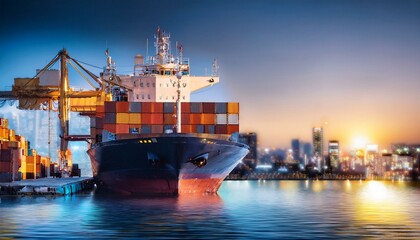 Fototapeta premium Global Trade at Sunset: Cargo ship at harbor during sunset. 