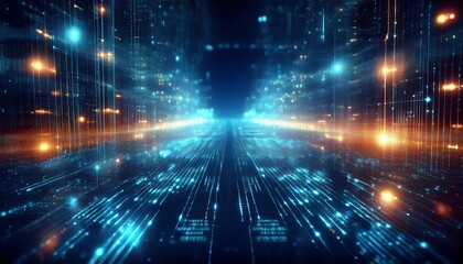 Digital Highway: Abstract digital data stream flowing into the distance, glowing with vibrant blue and orange lights, creating a futuristic and dynamic visual.  