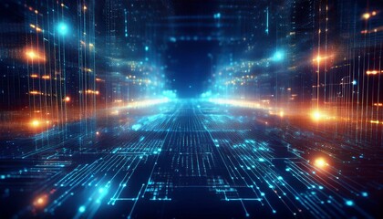 Fototapeta premium Digital Highway: An abstract, futuristic digital landscape. Intricate glowing circuit boards and data streams. An immersive, dynamic, and powerful visual metaphor for technology, innovation.