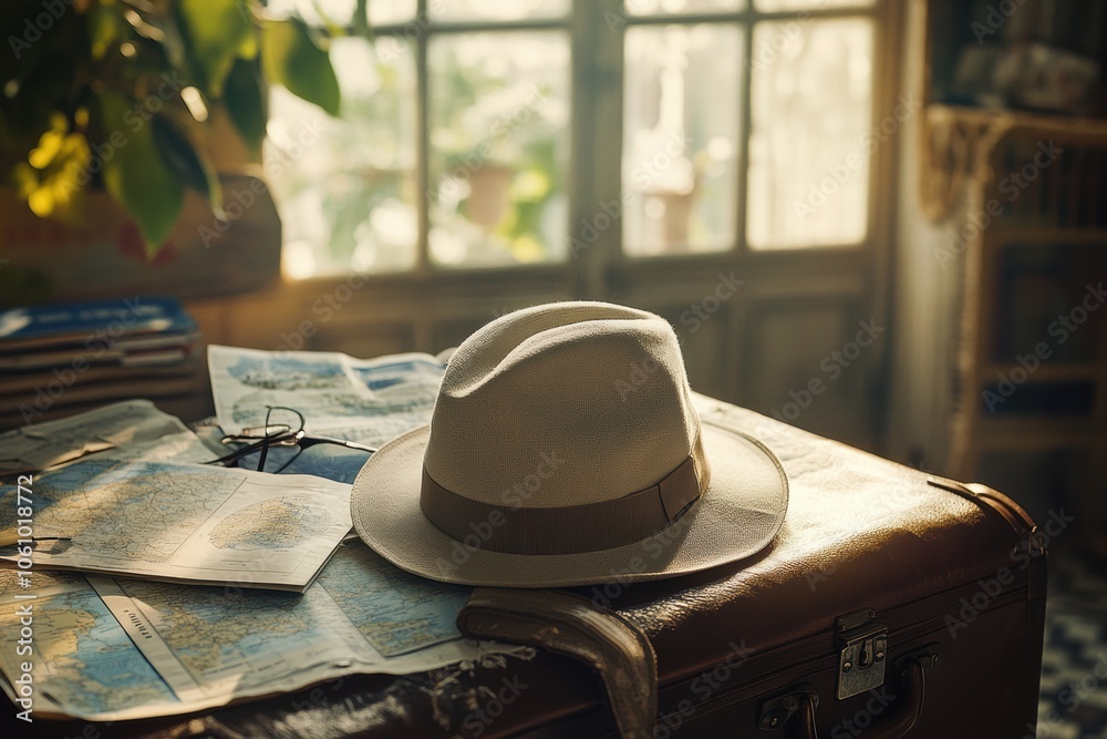 Aufkleber a stylish travel hat sits on an open suitcase, accompanied by various maps and guides, signaling the