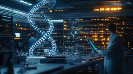 High-Tech Lab with Futuristic DNA Helix Model