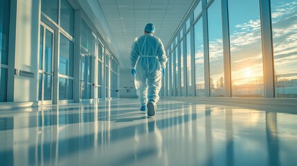 Fototapeta premium Healthcare Worker in PPE Walking in Sunlit Corridor