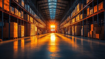Fototapeta premium The expansive warehouse was filled with rows of shelves, the polished floor reflecting the bright lights that illuminated the space