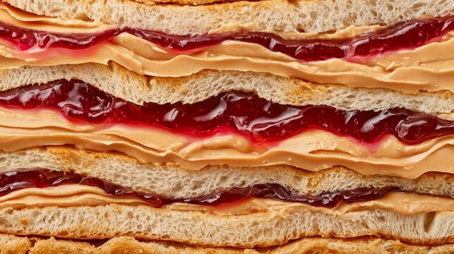 A peanut butter and jelly sandwich is stacked on each other