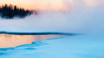 Naklejka premium A body of water with trees in the background and fog in the air, with water in both the foreground and background
