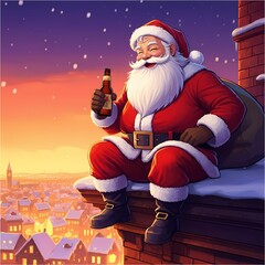 Christmas theme illustration santa claus is in town sitting on rooftop holding drinking beer carrying delivering xmas presents gifts	
