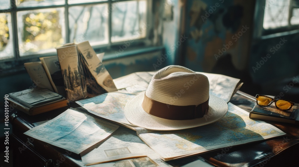 Leinwandbilder a travel hat rests atop an open suitcase, surrounded by colorful maps and travel guides in an inviti