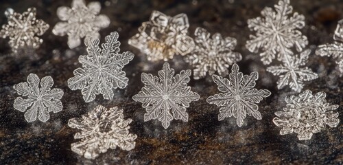 Detailed view of snowflakes resting on a smooth surface, showcasing their unique structures and patterns.