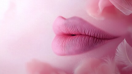   A close-up of a woman's lips with a feather beneath each lip