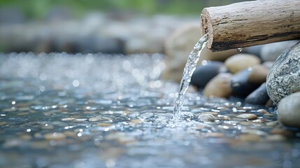   A zoomed-in image of a water flow emerging from a rock, with a wooden stick protruding from it