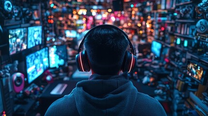 Obraz premium Intense Gamer Focused in a Neon Room