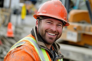 Construction worker smiling at construction site wearing hard hat and safety vest