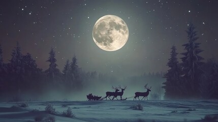A Silhouetted Sleigh Pulled by Reindeer Under a Full Moon in a Snowy Forest