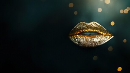 Naklejka premium A close-up of a golden lip on a black backdrop, featuring gold sparkles on the lips and a woman's mouth