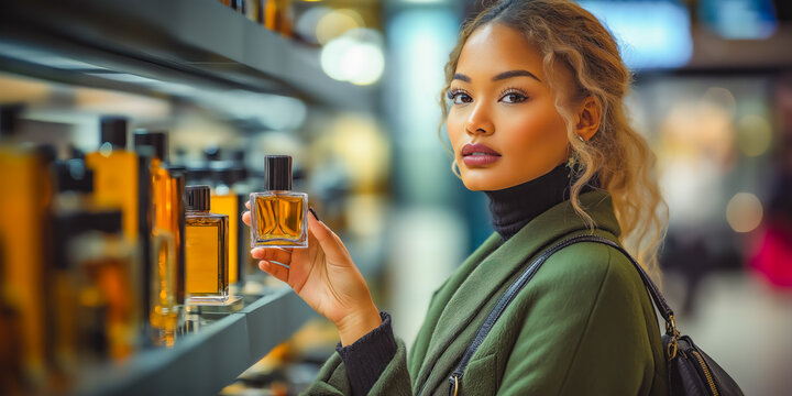 Woman with light curly hair holding a perfume bottle in a parfume shop, during a Black Friday , seasonal or holiday sale , or in duty-free .