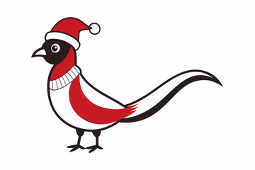 Concept Cute animals bird pheasant. A flat cartoon illustration depicts a cute pheasant bird wearing a Santa clause hat and scarf in a vibrant and lively scene. Vector illustration.