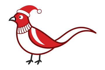 Concept Cute animals bird pheasant. A flat cartoon illustration depicts a cute pheasant bird wearing a Santa clause hat and scarf in a vibrant and lively scene. Vector illustration.