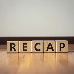 Wooden blocks spelling RECAP, concept of summarizing, review, overview, and important information in communication and presentations
